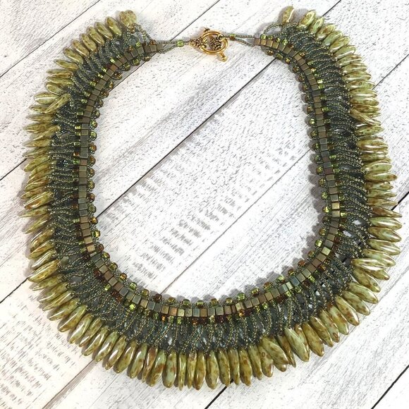 Statement Beaded Fringe Necklace Toggle Clasp Green Brown Blue Beads - Picture 2 of 6